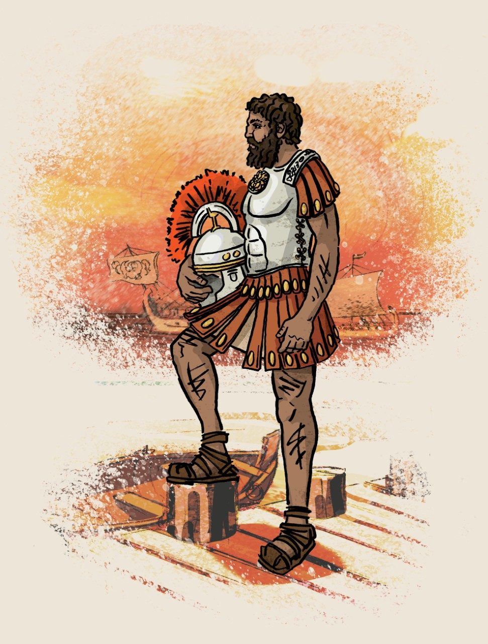 Illustration of a Roman sailor standing on a dock, dressed in armor and holding a helmet in his arm.