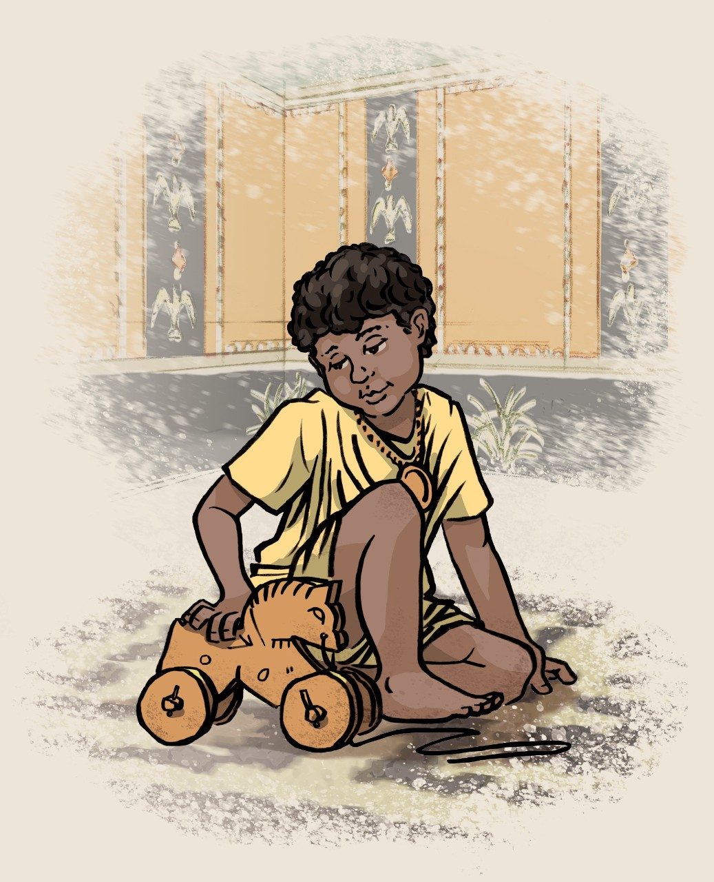 Illustration of a young boy sitting on the ground in a room painted with frescoes, playing with a wheeled wooden horse toy.