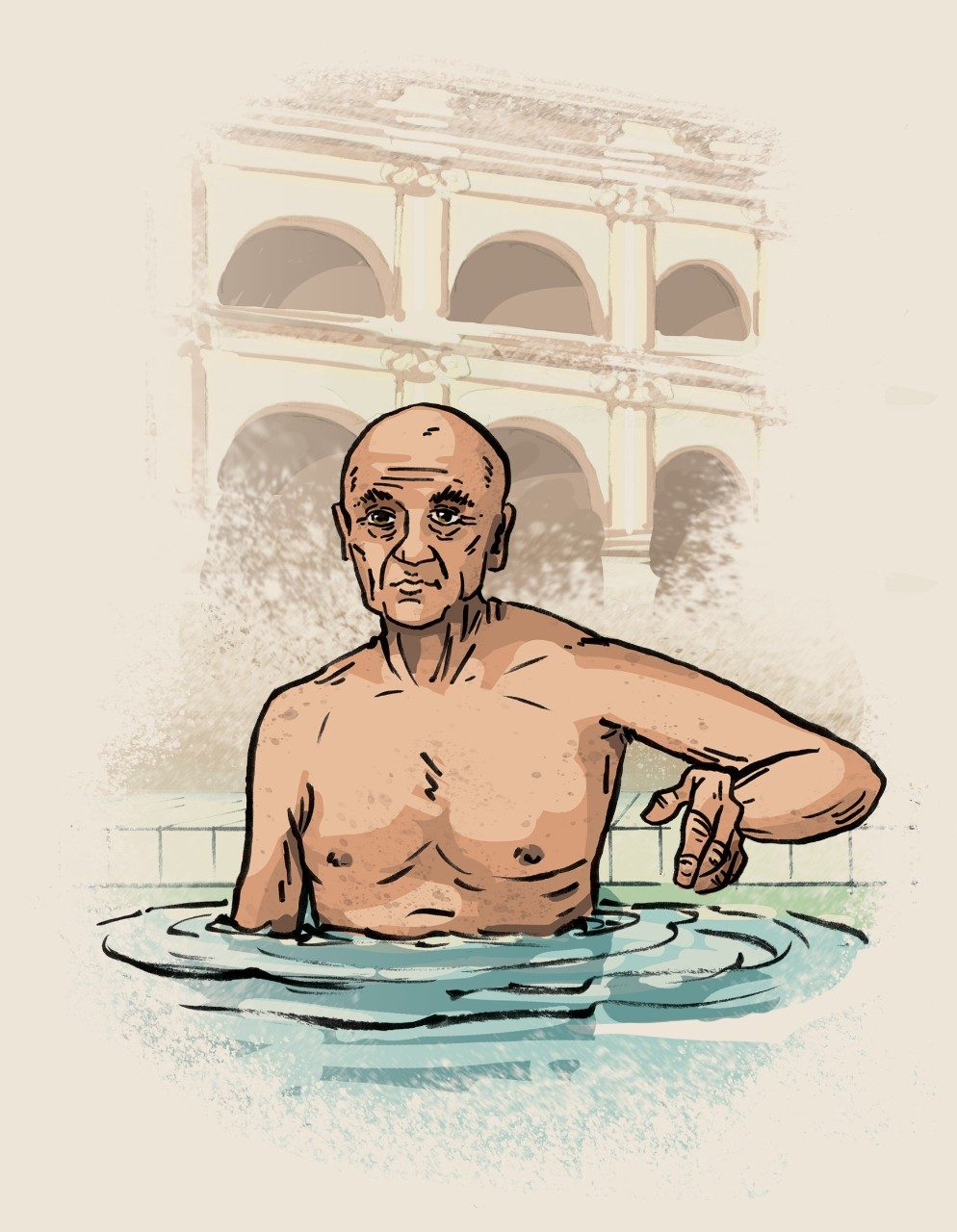 Illustration of an elderly man in a pool at a Roman bath.