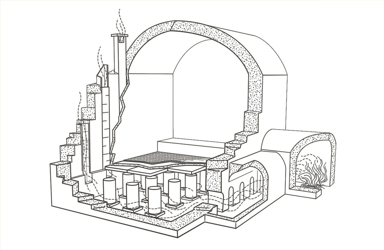 Illustration of a Roman bath, showing the structure of a room, including the hypocausts and furnace that kept it warm.