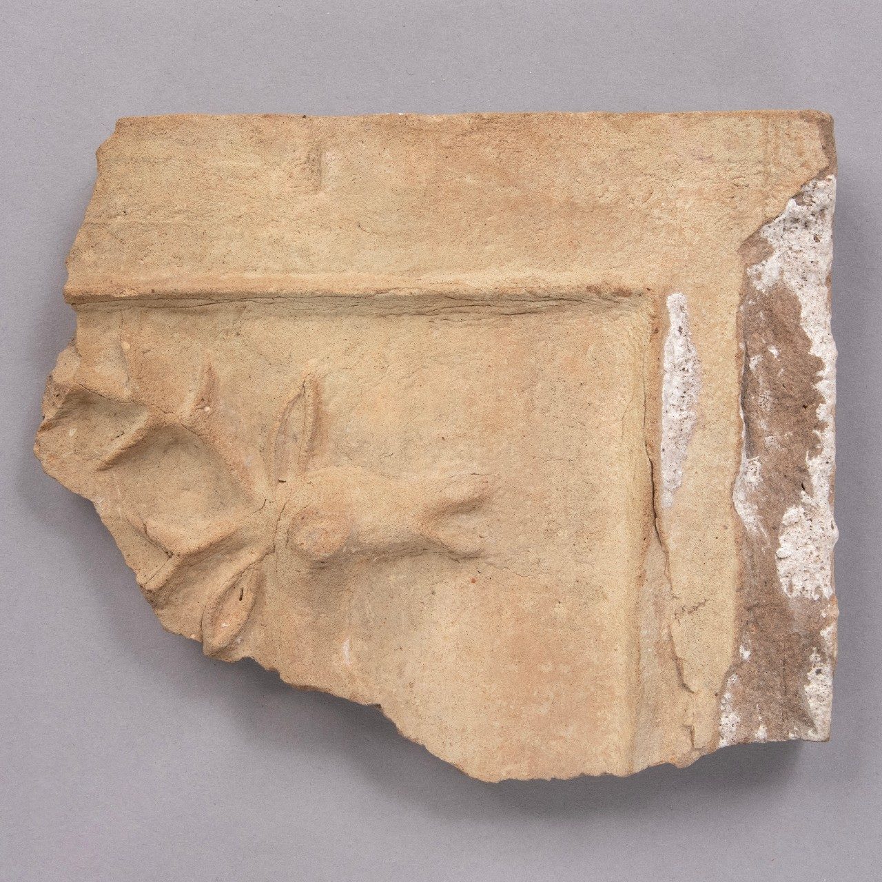 Buff-colored fragment of a ceramic brick showing the head and antlers of a deer.
