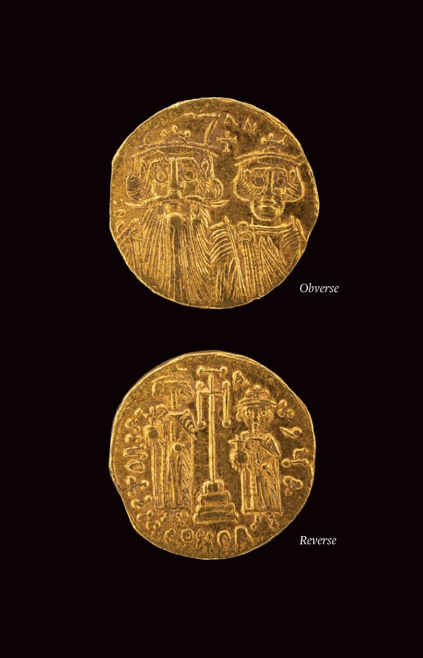 Collage of the front and back views of a gold coin; the left shows the busts of two men—one bearded, one not bearded, both wearing crowns—and the right has two men standing next to a tall cross potent.