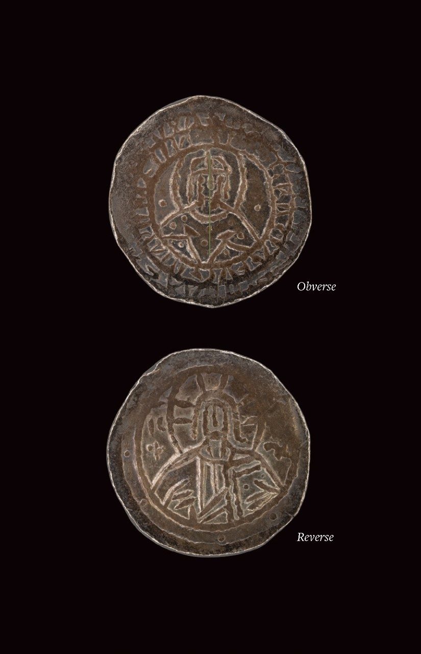 Collage of the front and back views of a silver coin; the left has the bust of a crowned man surrounded by a row of inscription, and the right has a bust of Christ Pantocrator with a halo.