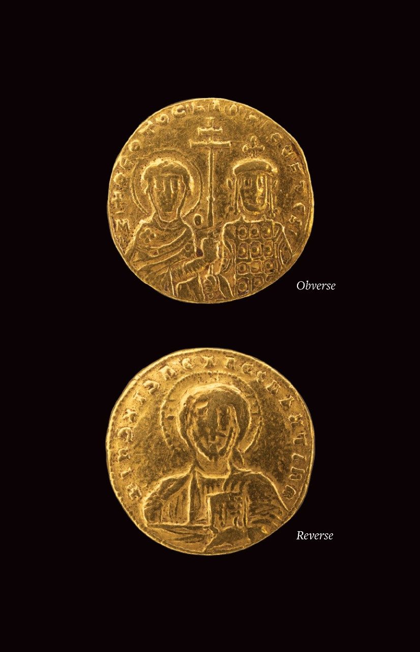 Collage of the front and back views of a gold coin; the left has a man in a crown standing next to the Virgin with a halo, and the right has a bust of Jesus Christ with a halo.