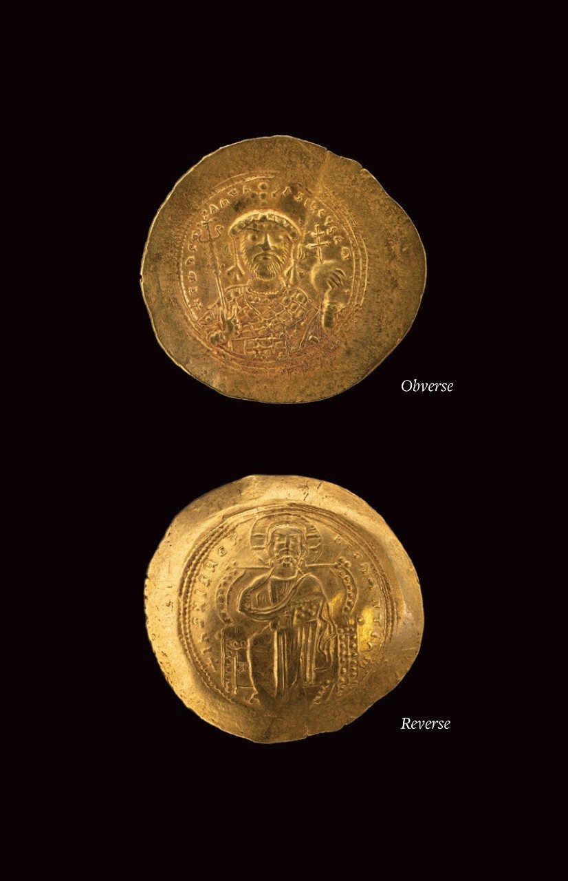 Collage of the front and back views of a gold coin; the left has a man standing with a cross, and the right has a haloed Christ sitting on a throne.