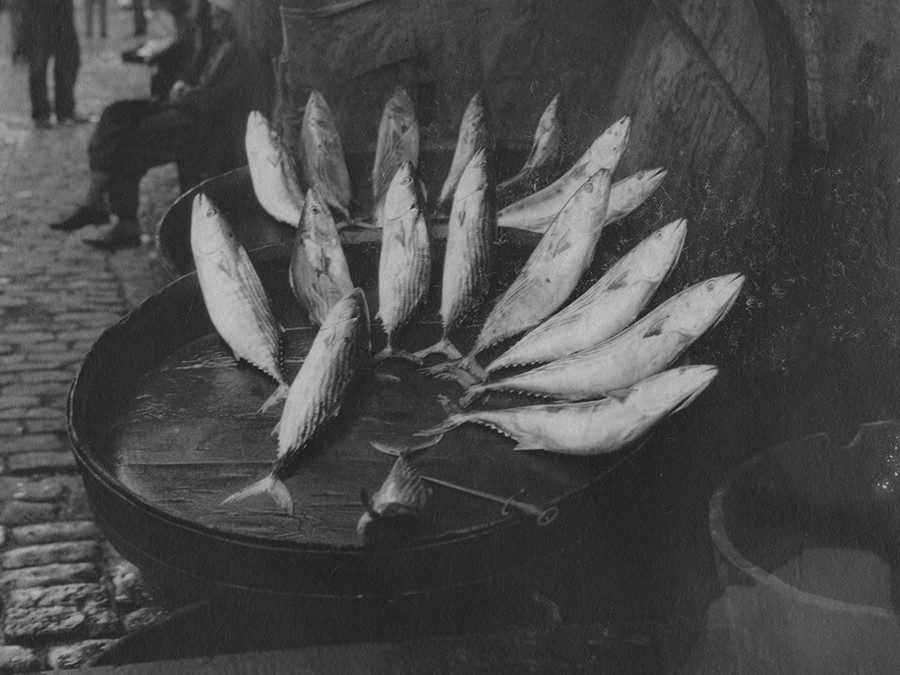 Archival photo showing fish displayed for sale on wooden platters in a stall on a sidewalk.