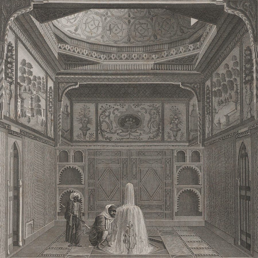 Illustration of two Egyptian men in an ornately decorated room with a fountain at its center. A thin band of lintels with Arabic inscriptions run horizontally along the three visible walls.