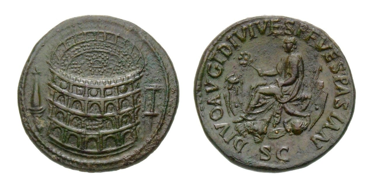 Front and back of a bronze coin. One side shows a stadium packed with spectators; the other side shows Emperor Titus setting on weapons, with a Latin inscription lining the outer edge.