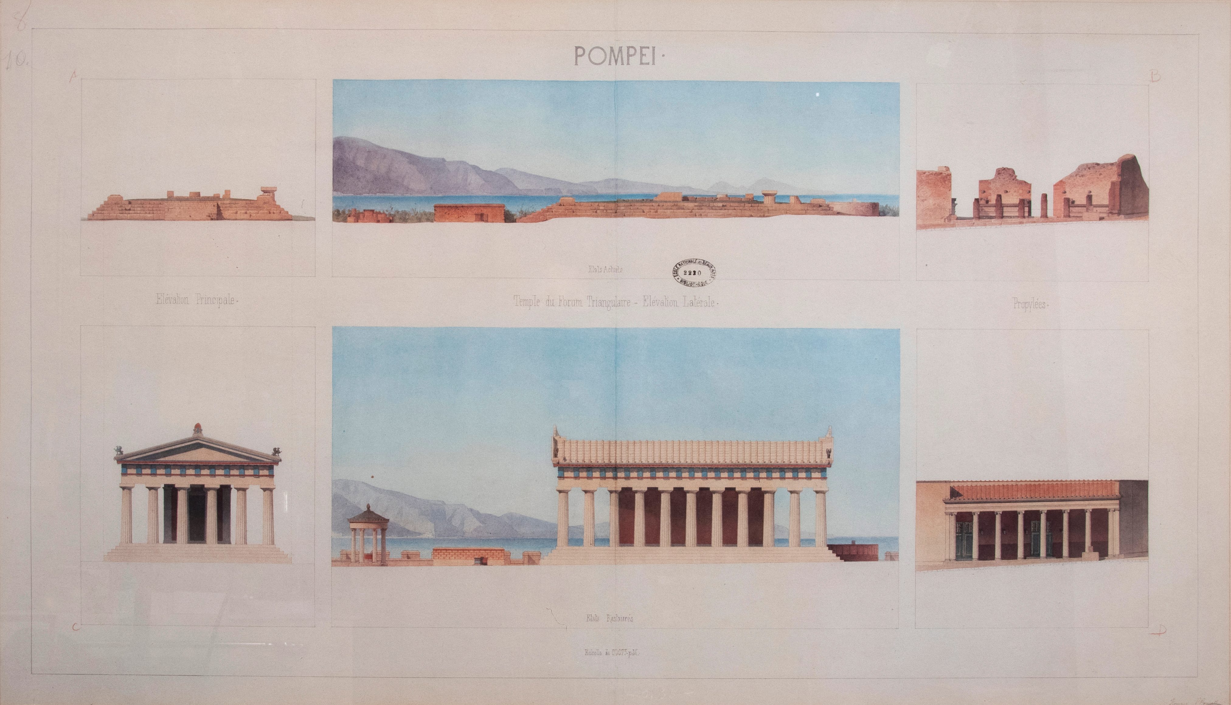 Watercolor painting showing various elevations and angles of the Doric Temple in Pompeii’s Triangular Forum.