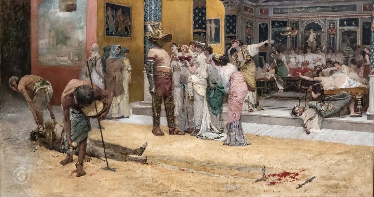 “Gladiators at the Triclinium,” a ca. 1880 painting by Francesco Netti, showing a helmeted gladiator surrounded by admirers and an injured gladiator being dragged away.