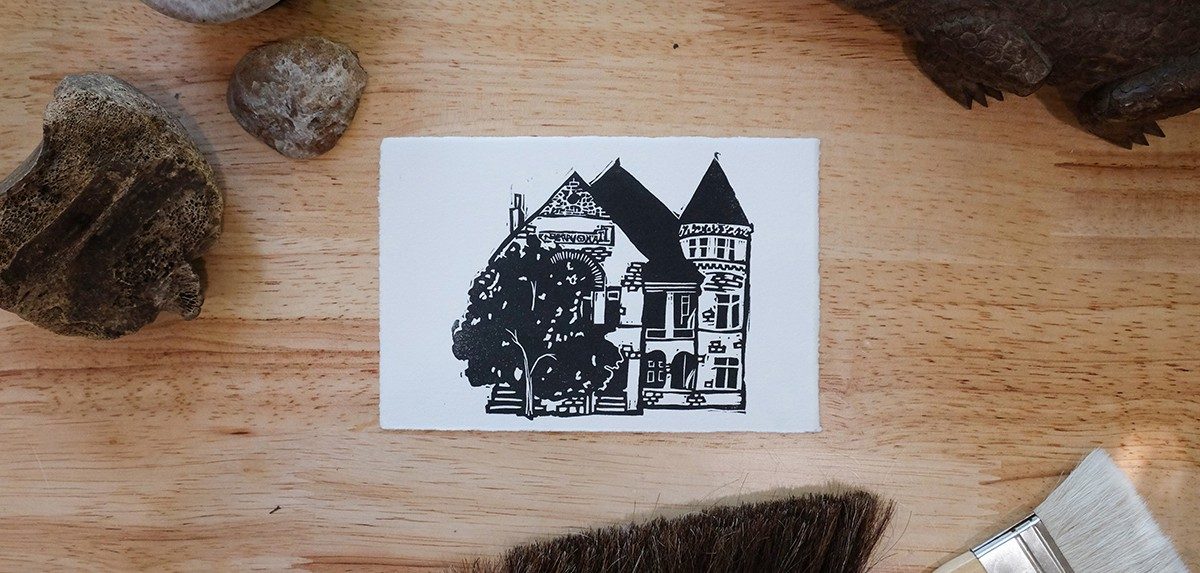 A block print of Newberry Hall.