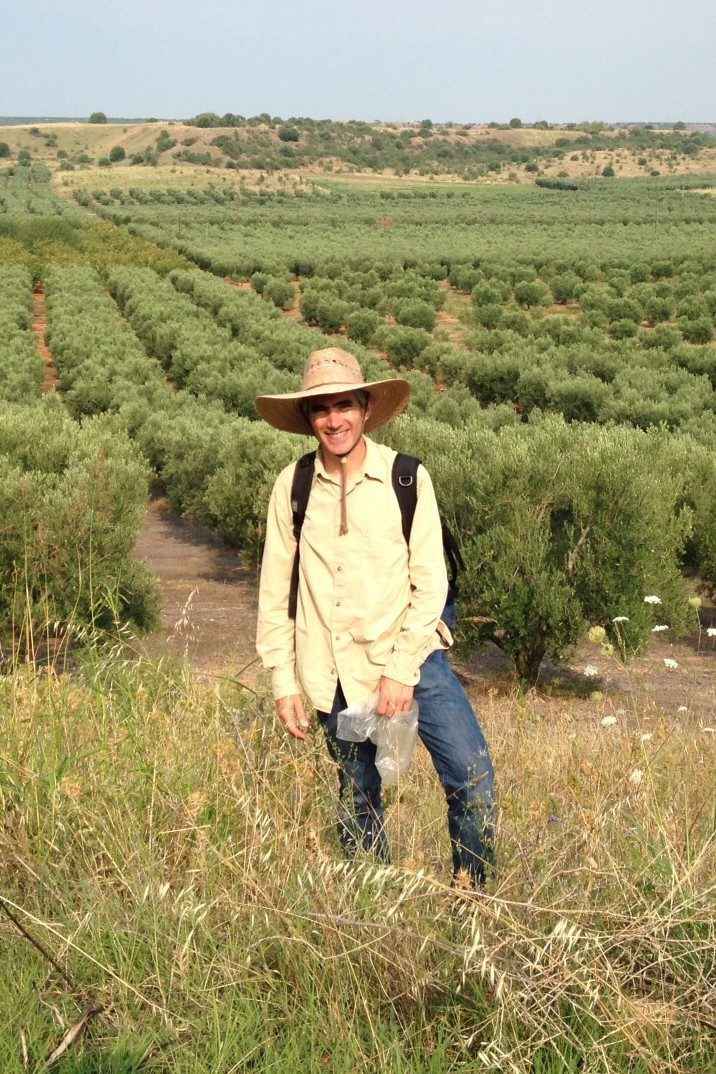 David Stone wearing a hat and standing in the tall grass in front of a green field of rows of bushes.