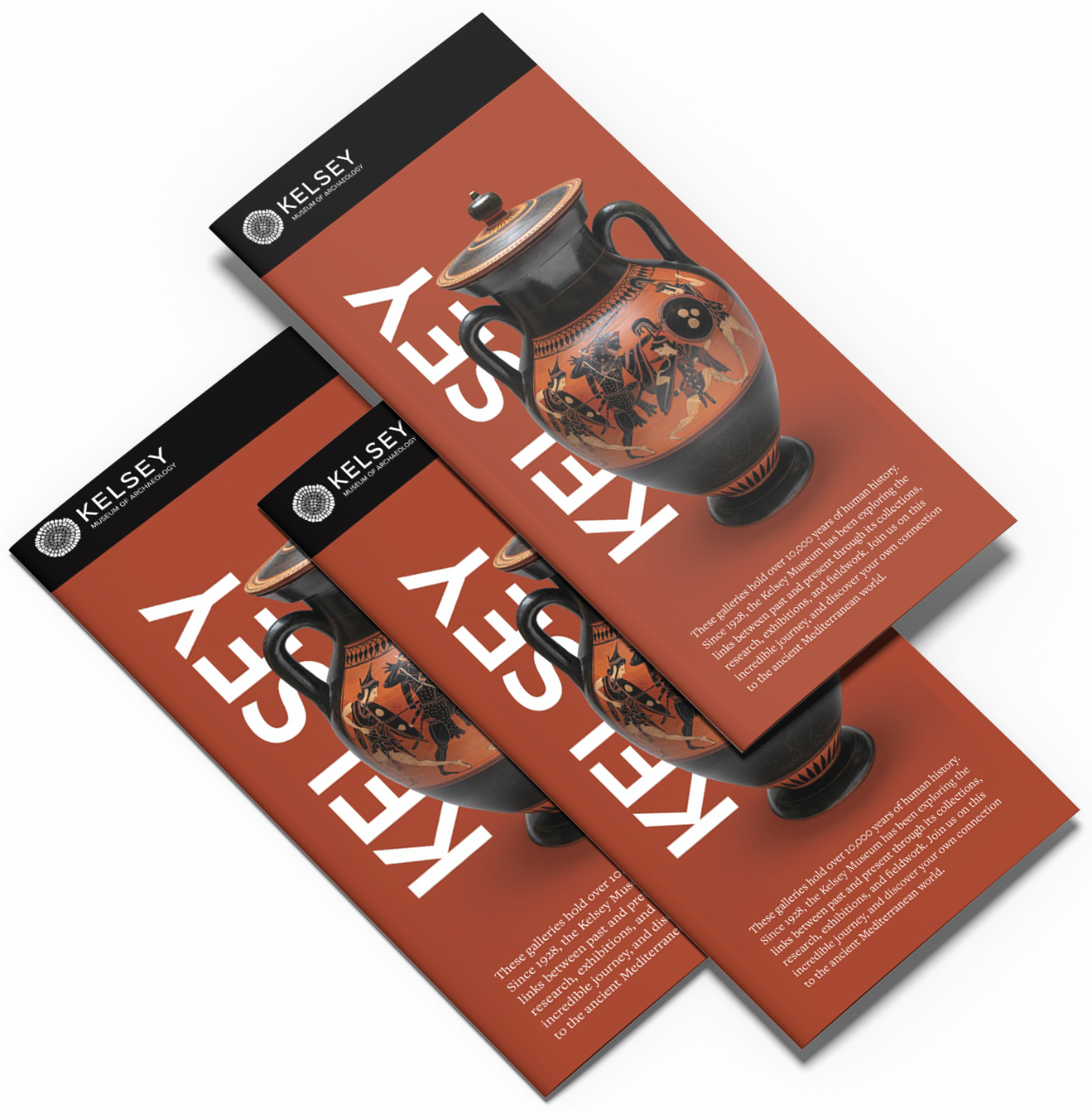 Three dark red Kelsey Museum brochures featuring a large, two-handled, black-figure amphora.