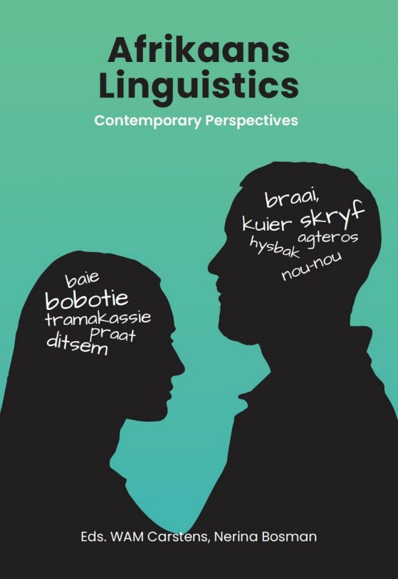 Afrikaans Linguistics Contemporary Perspectives Publication Photo with various terms written in Afrikaans on a male and female blacked out silhouette