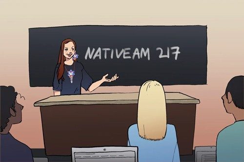 Teacher in front of blackboard talking to students