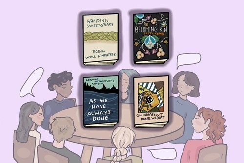 students looking at book covers