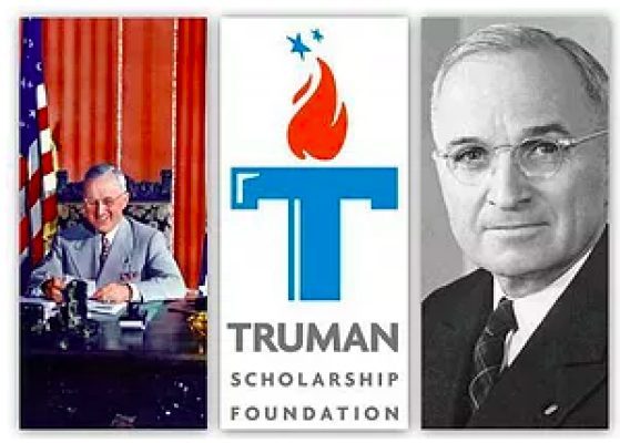 Left side shows photo of Harry S. Truman at a desk with the foundation logo in center and a headshot to the right