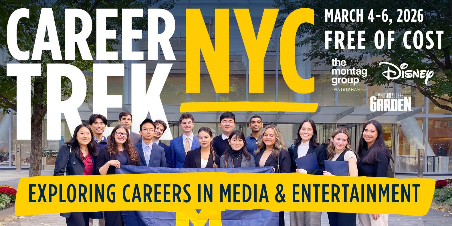 Umich students smiling and standing in a line, holding a Umuch flag. Text on the graphic shows the location, dates, and logos of the companies.