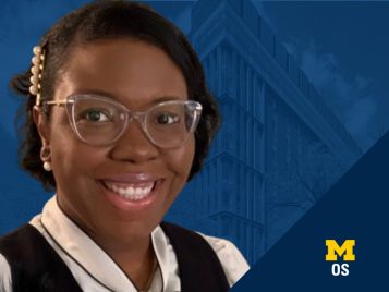 Headshot of Tiffany Brannon with an OS logo in front of a Weiser Hall graphic background