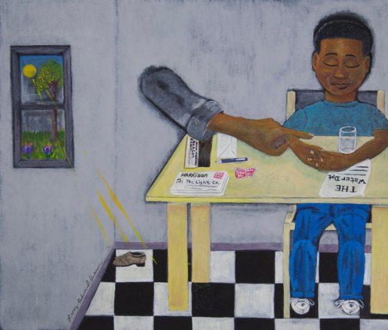 Artwork of black child sitting at a table in a kitchen setting. There are bills on the table, and an arm reaching out from the wall.