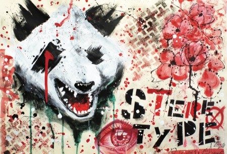 Grunge-style artwork of panda head with textured background and stencil words reading "stereo type" in black and red