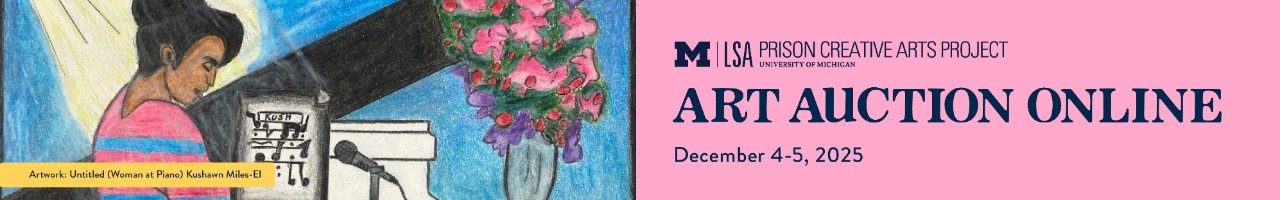 Banner with artwork of woman playing a piano next to a pink background with a title that reads "Art Auction Online, December 4-5")