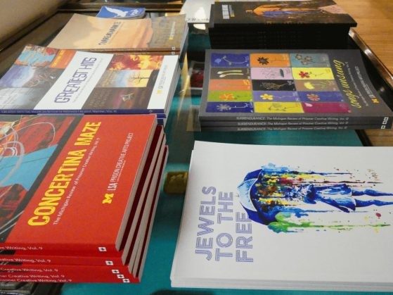 Assortment of books laid out on a table