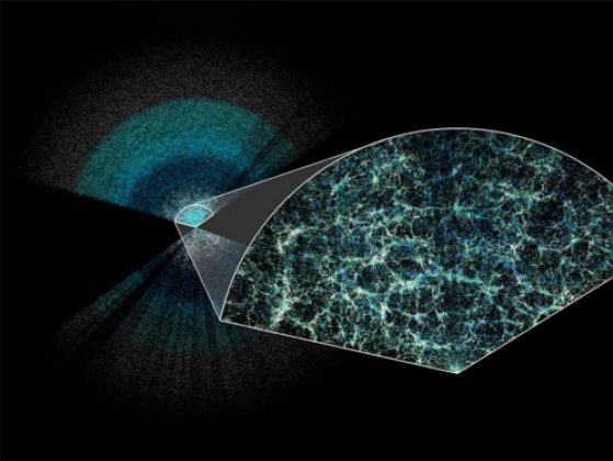 Two-dimensional slice of a 3D map of the universe generated by the Dark Energy Spectroscopic instrument. In the inset, the web-like structure of galaxies is visible.