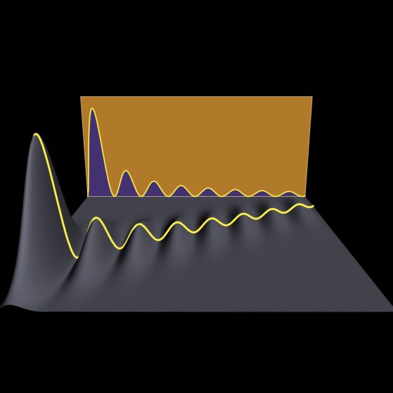 A flat, rectangular black sheet has a ripple that travels diagonally from the sheet's lower left to upper right. The ripple is tallest near the lower left corner and shrinks as it gets closer to the opposite corner, following a power-law decay. A yellow line highlights the peaks on the black sheet. An orange screen is behind the black sheet, showing the decay in one dimension, as if it were the shadow of the ripples on the black sheet.