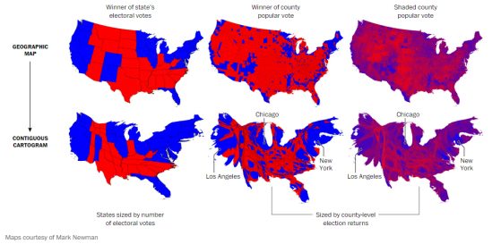 Scientific cartogram maps depicting electoral and popular votes in U.S. elections