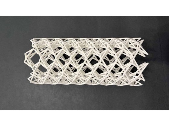 A 3-D printed specialized latticed tube in white on a gray background called a "kagome tube."