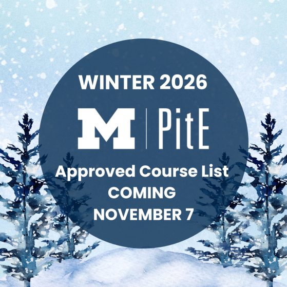 Winter scene announcing that the PitE course list for Winter 2026 will be released on November 7, 2025