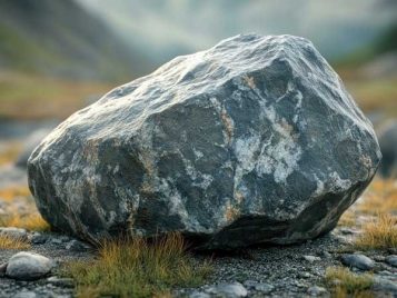 Gray boulder resting on the ground.