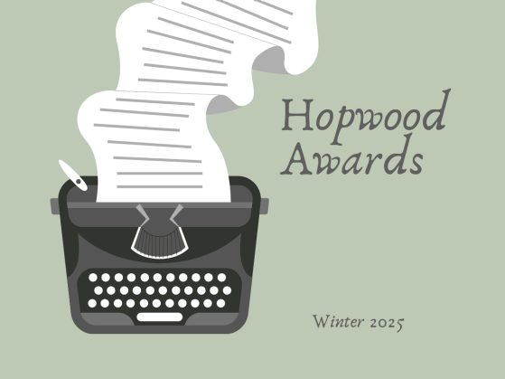 drawing of a typewriter on green background with text Hopwood Awards winter 2025