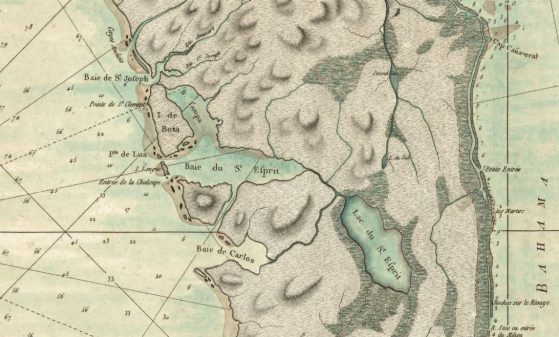 Closeshot image of historical map of south Florida - French origins.