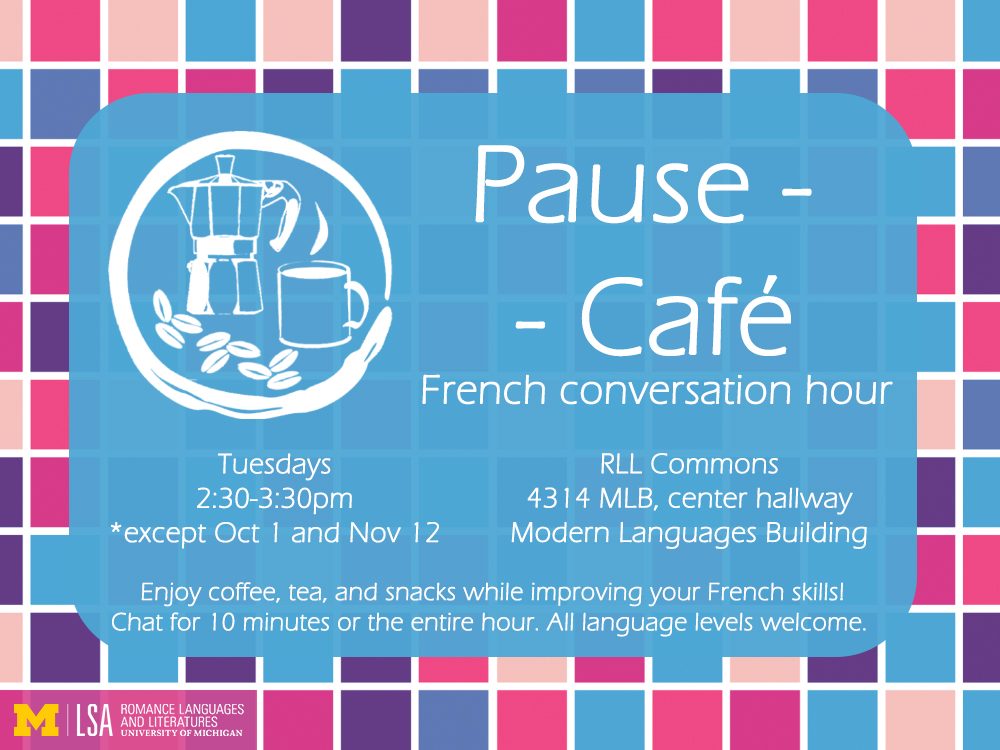 A blue poster featuring a french press, a coffee cup, a coffee ring, and coffee beans, surrounded by a pink, purple, and blue tile boarder