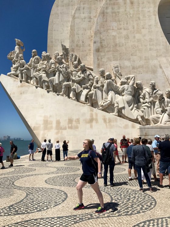 Spanish Major standing posed in front of Padrão dos Descobrimentos (Monument to the Discoveries) in Lisbon, Portugal.