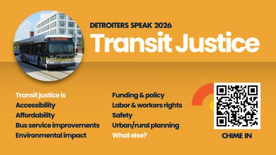 This image  shows a picture of a city bus and various themes that will be explored during the next edition of Detroiters Speak.