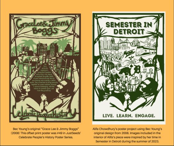 This image shows a print of Grace Lee and James Boggs created by Bec Young and also a print inspired by Bec Young's art created by Semester in Detroit alumnus, Alifa Chowdhury.