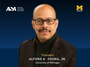 Headshot of a man with the ASA and U-M Sociology logo against a gradient blue background