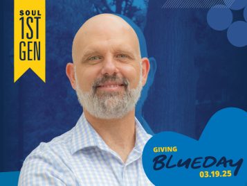 Man smiling with Giving Blueday graphics and SOUL logo overlayed on top