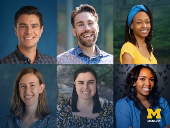 A grid of six professional portraits with multiple individuals, each wearing business casual or colorful attire, plus the University of Michigan Sociology logo in the bottom right corner.