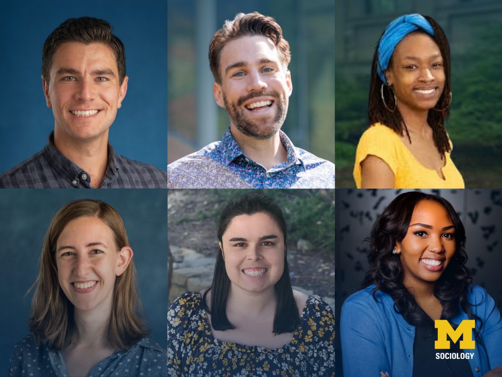 A grid of six professional portraits with multiple individuals, each wearing business casual or colorful attire, plus the University of Michigan Sociology logo in the bottom right corner.