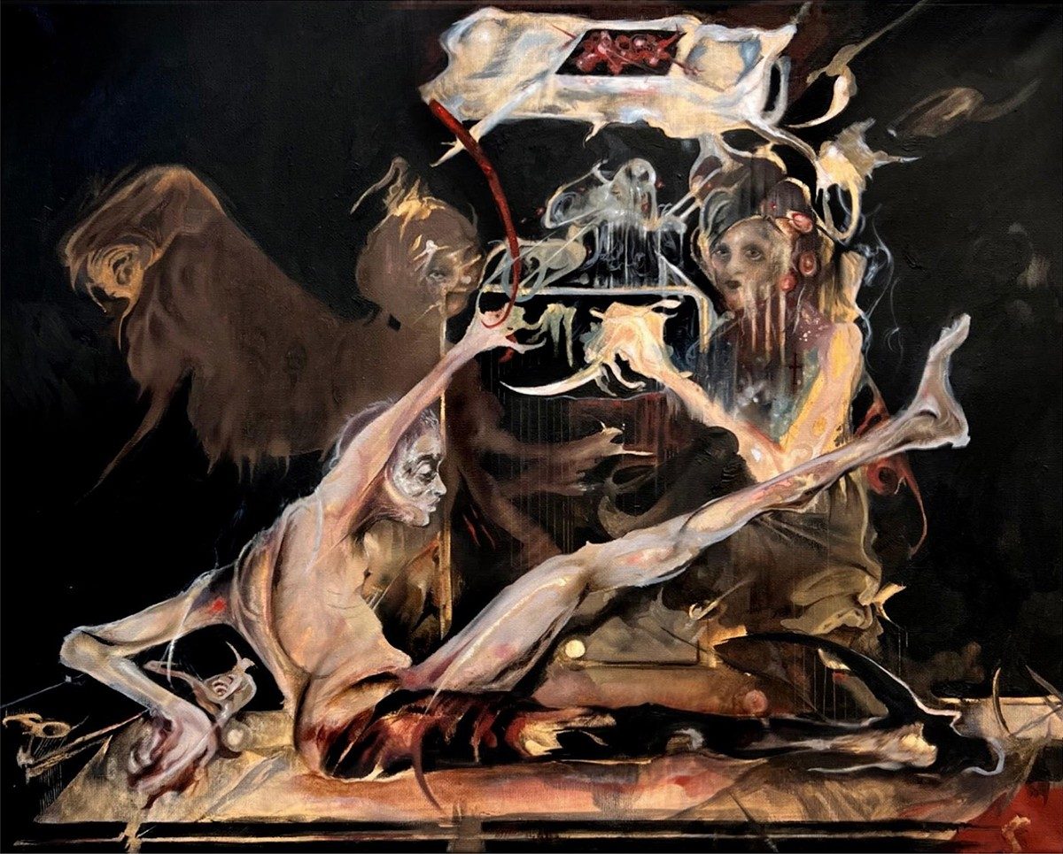 oil painting of a distorted figure holding a knife over another figure laying down with a one black leg and another leg raised as if trying to stand 