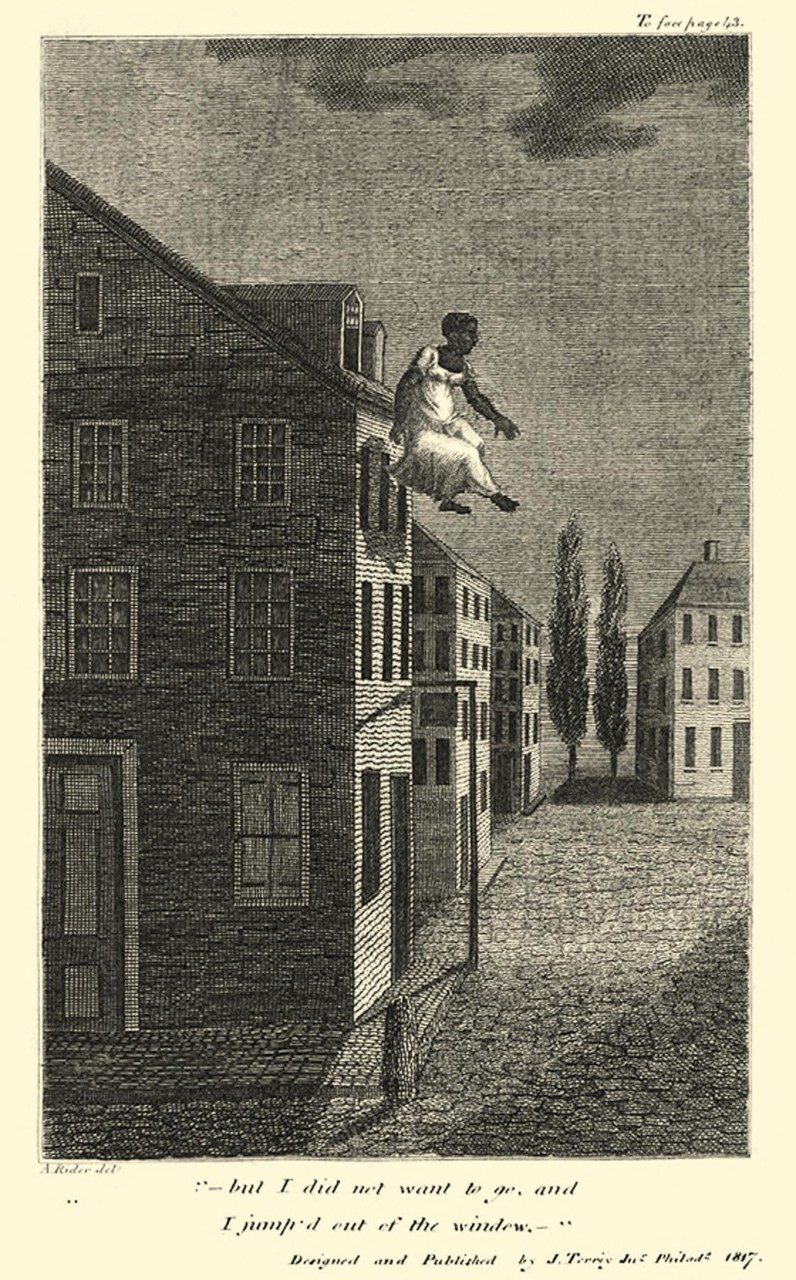 detailed black and white illustration of a black woman hovering above the street outside of a third floor window