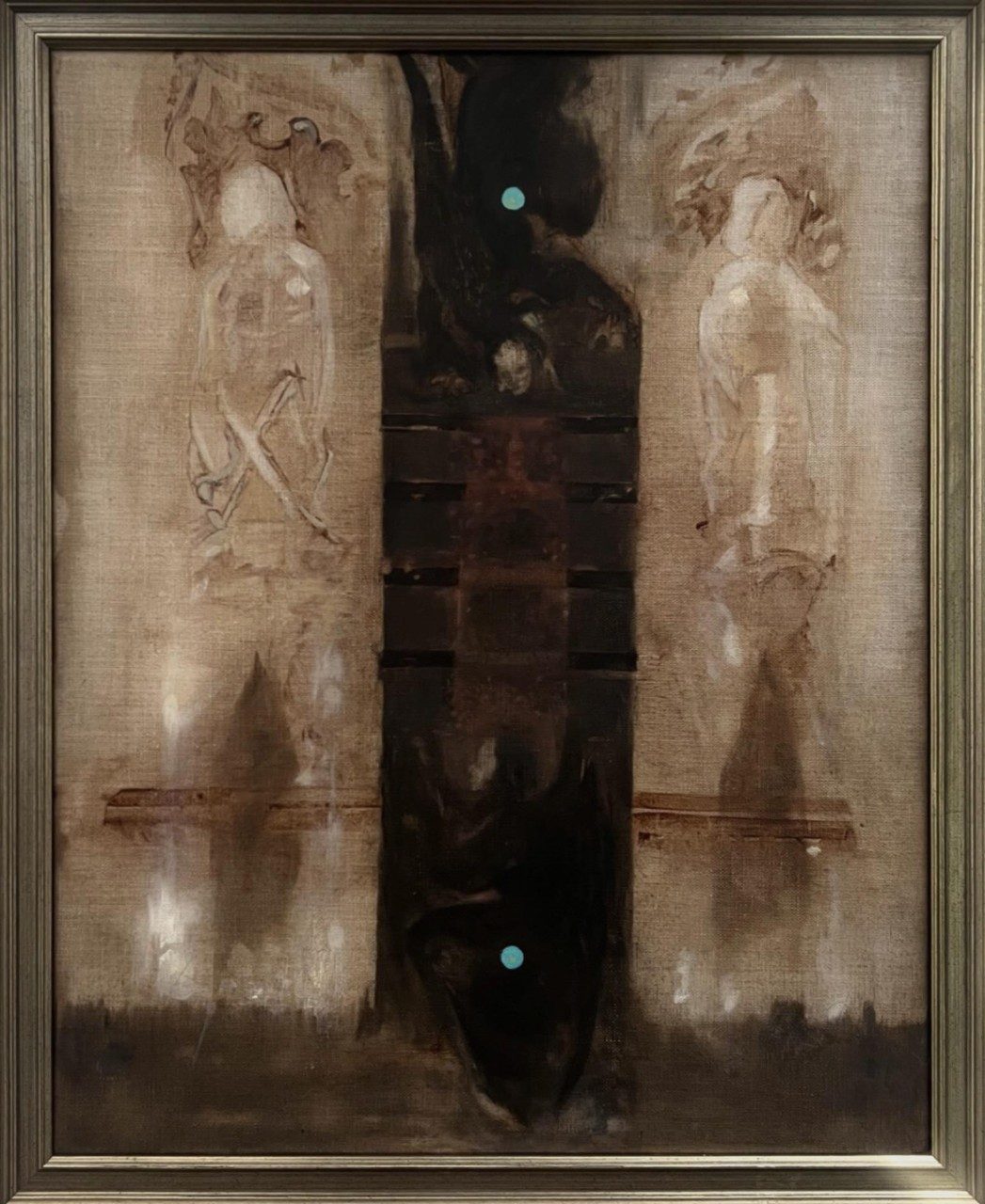 A painting divided into thirds vertically with a dark center and light columns beside them. Faint figures appear in each column.