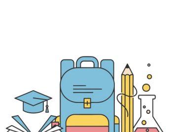 Backpack, Books, and Science Kit on Desk, Study Environment, Illustration Concept