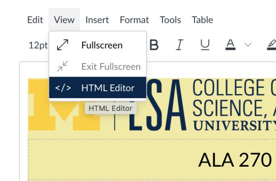 Screenshot of how to open the HTML editor on a Canvas page.