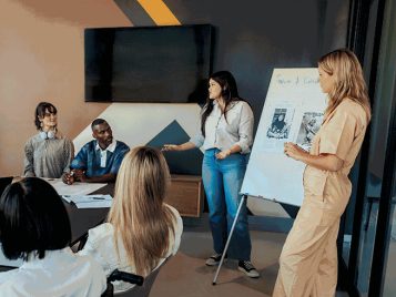 Diverse college students engaged in a city class presentation with teamwork and creativity