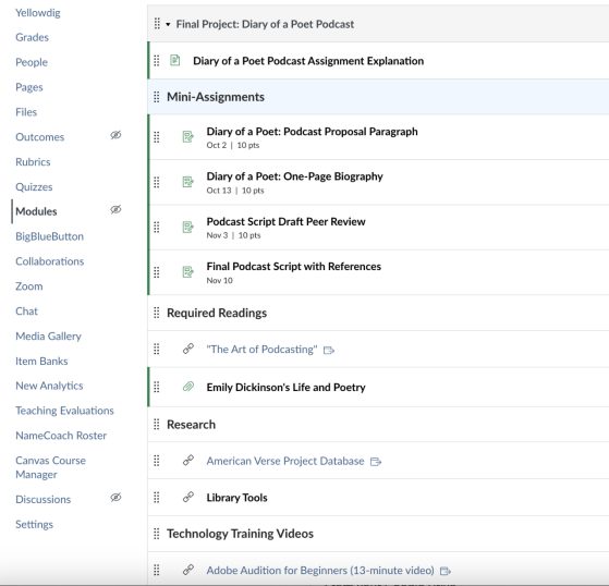 Sample module of a scaffolded assignment on Canvas.